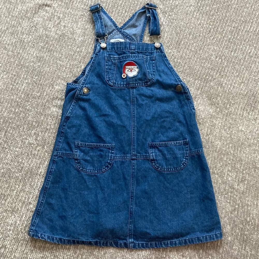Vintage Hartstrings Santa Denim Jumper Dress Girls Size 8 Christmas Overall